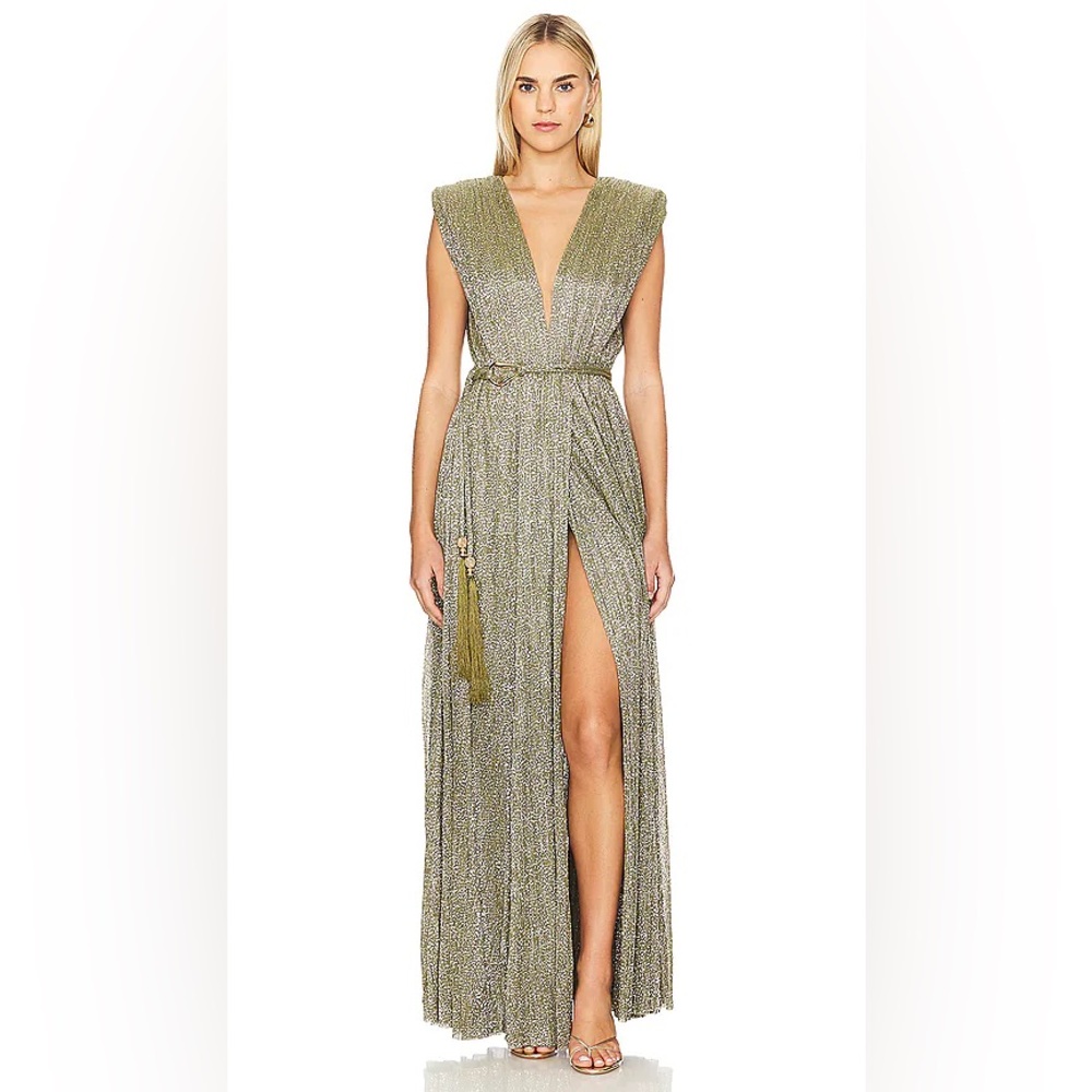 Sabina Musayev Gold Pleated Slit Maxi Gown